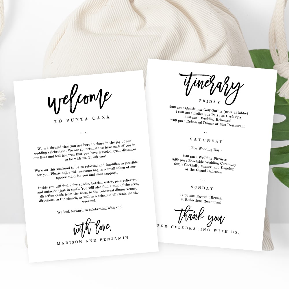 Wedding Welcome and Itinerary Card Brushed Charm #BCC In Welcome Bag Letter Template