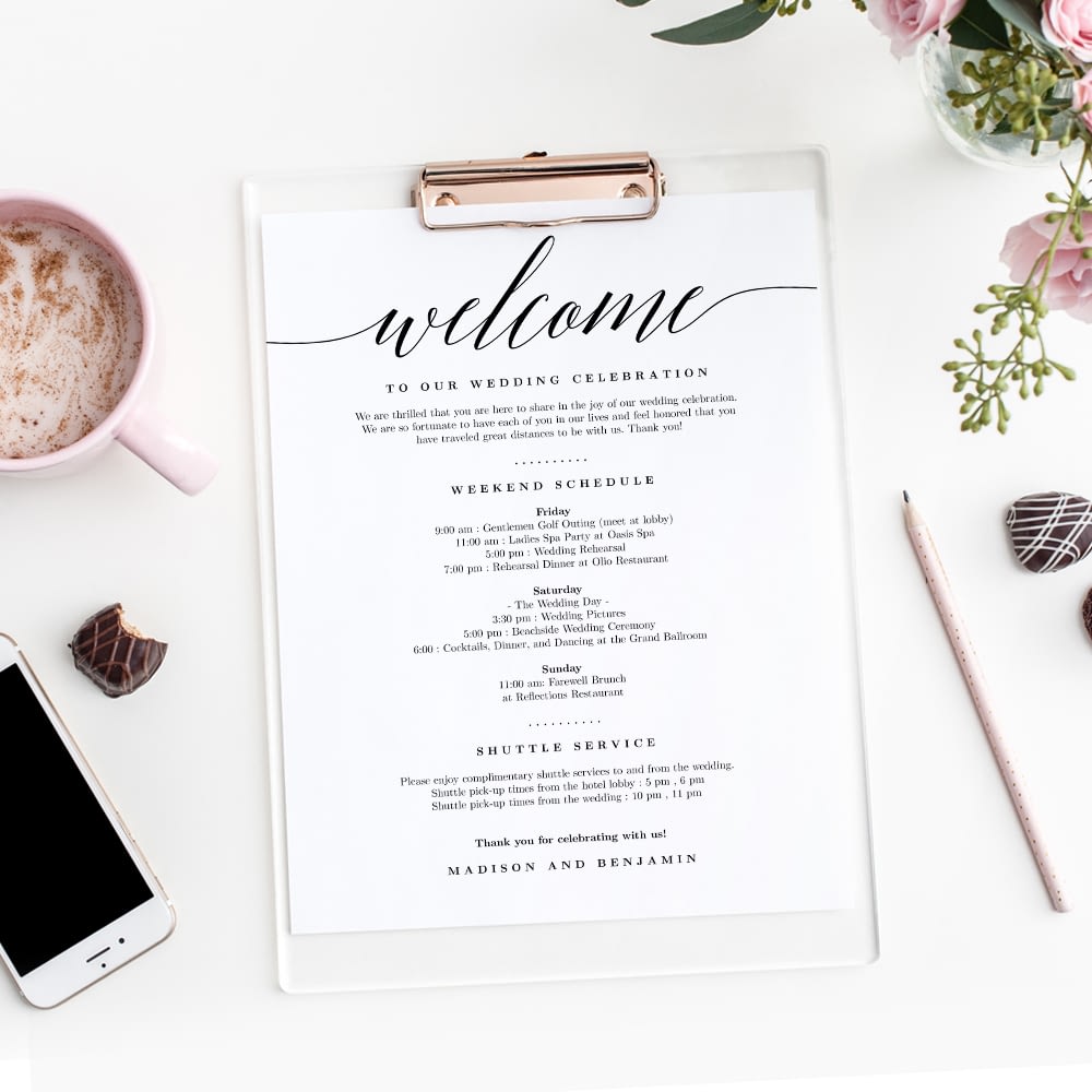 Modern Script Wedding Welcome Letter and Itinerary #MSC Intended For Wedding Welcome Letter Template